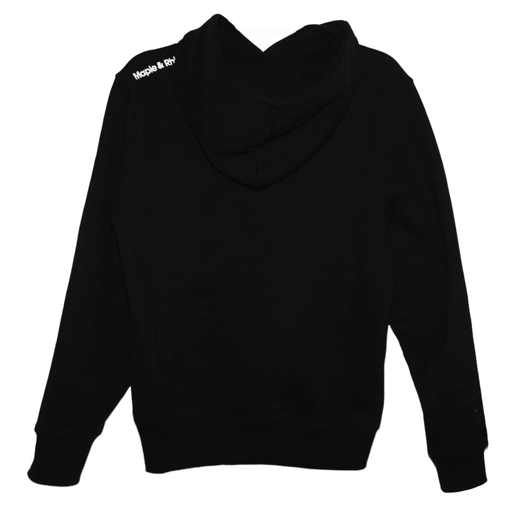 Back view of black hoodie featuring 'Maple & Rhine' logo in black along the neckline, showcasing brand identity.