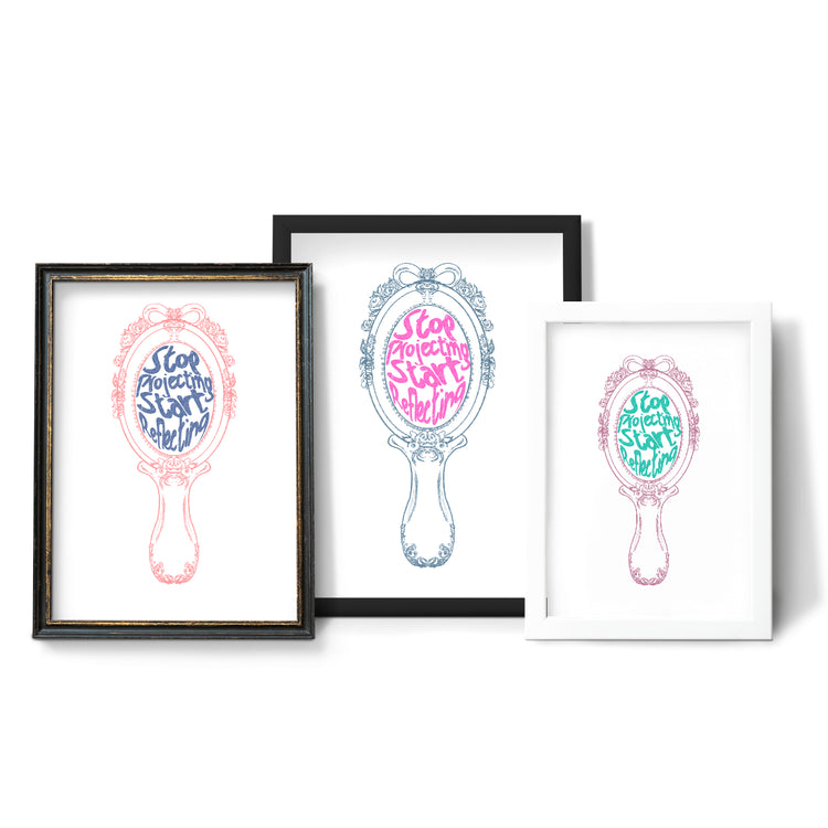 et of three framed art prints with decorative mirrors and 'Stop Projecting Start Reflecting' motif in pink, blue, and turquoise, by Maple and Rhine.