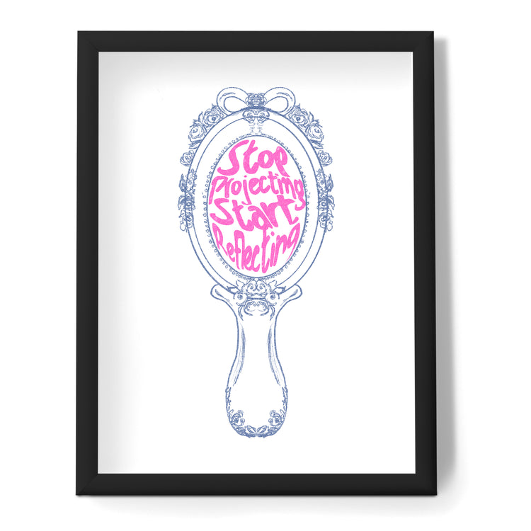 Elegant framed print featuring a navy-coloured vintage mirror with the inspirational 'Stop Projecting Start Reflecting' quote in pink, modern writing, by Maple and Rhine.